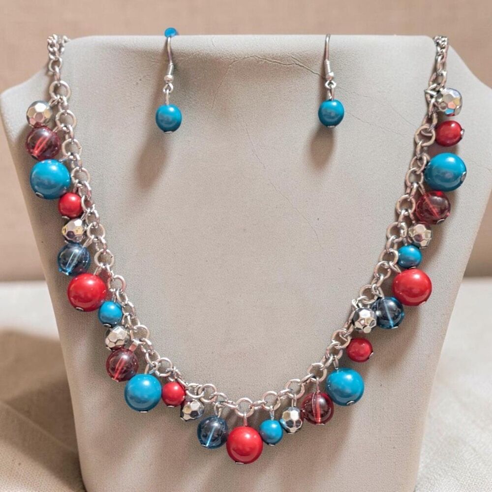 Silver Tone Red Blue Beaded Charm Necklace Earrings Set Boho Statement Jewelry